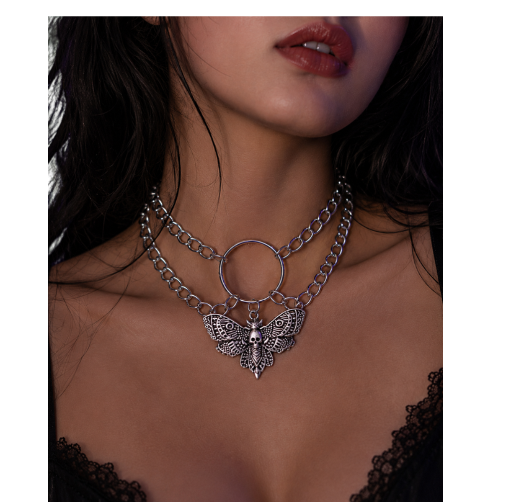 Skull And Moth Pendant Necklace
