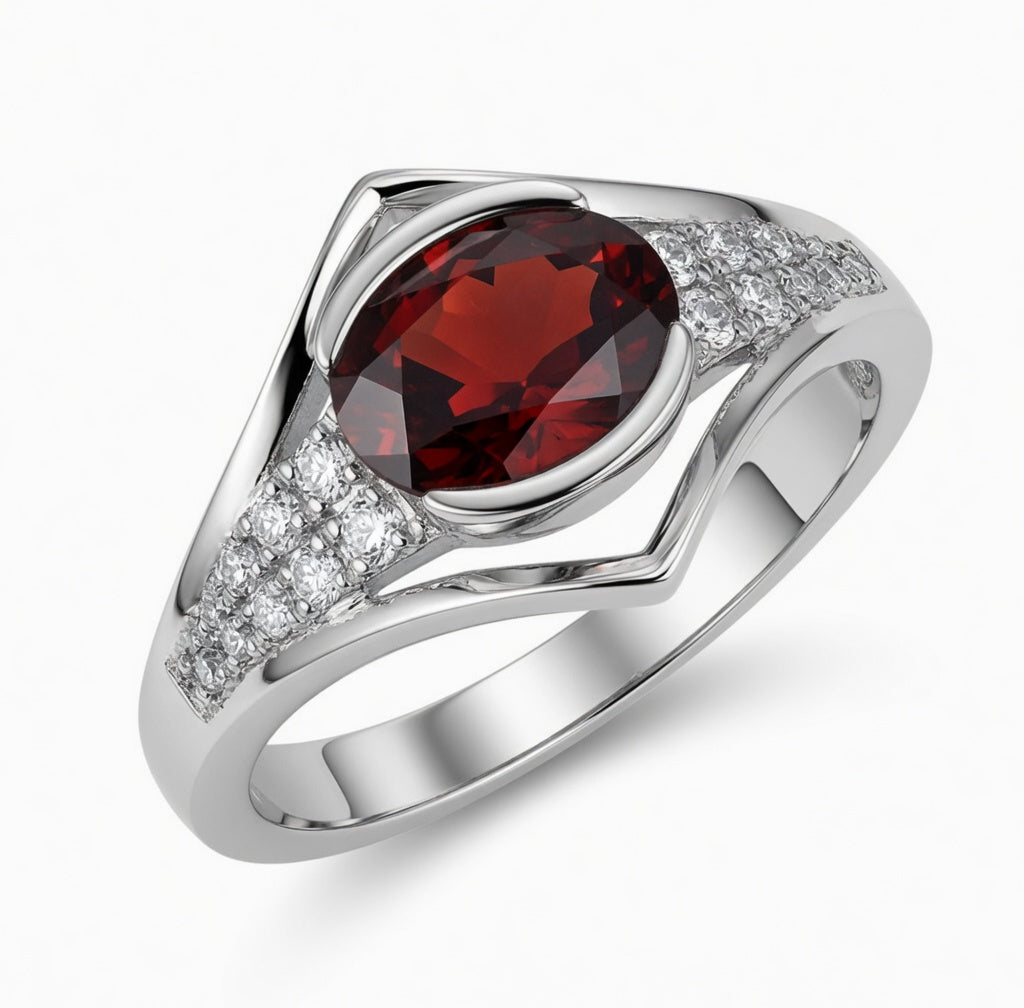 Elegant Oval Red Garnet Geometric Ring