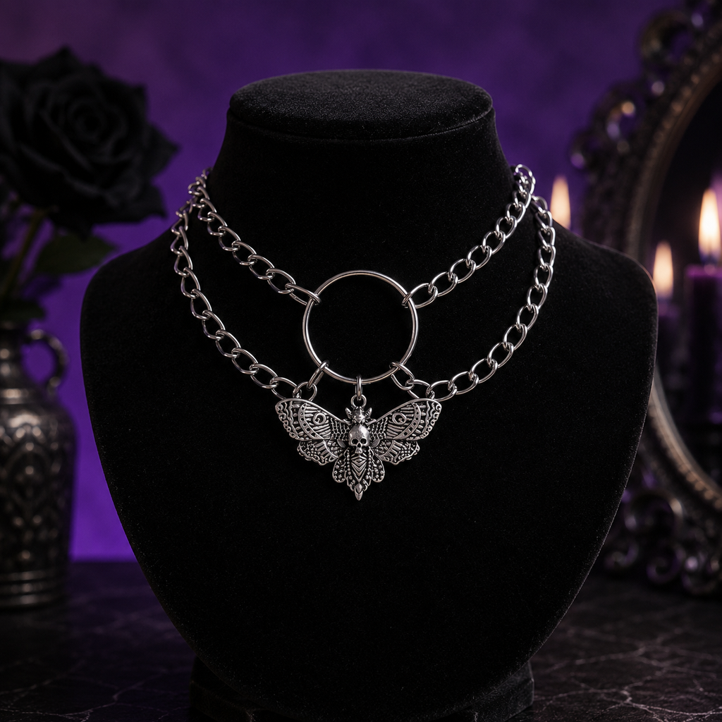 Skull And Moth Pendant Necklace