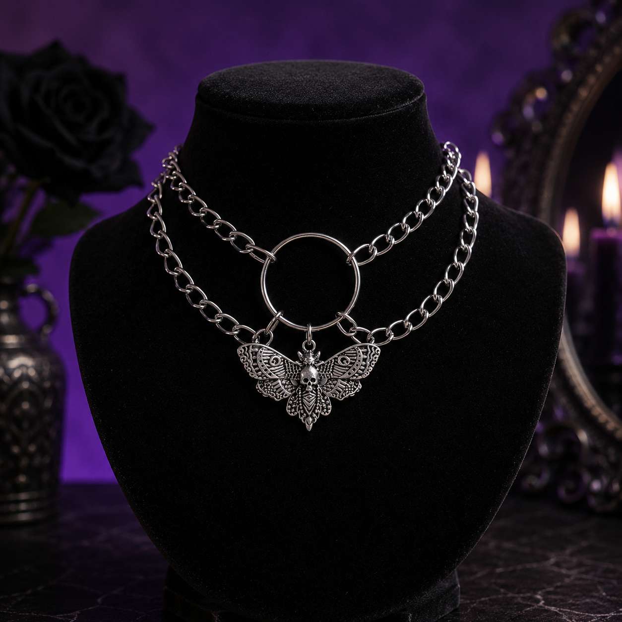 Skull And Moth Pendant Necklace