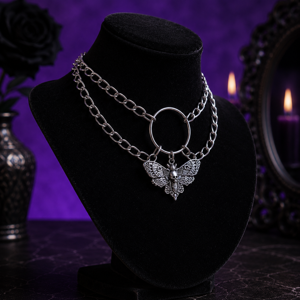 Skull And Moth Pendant Necklace