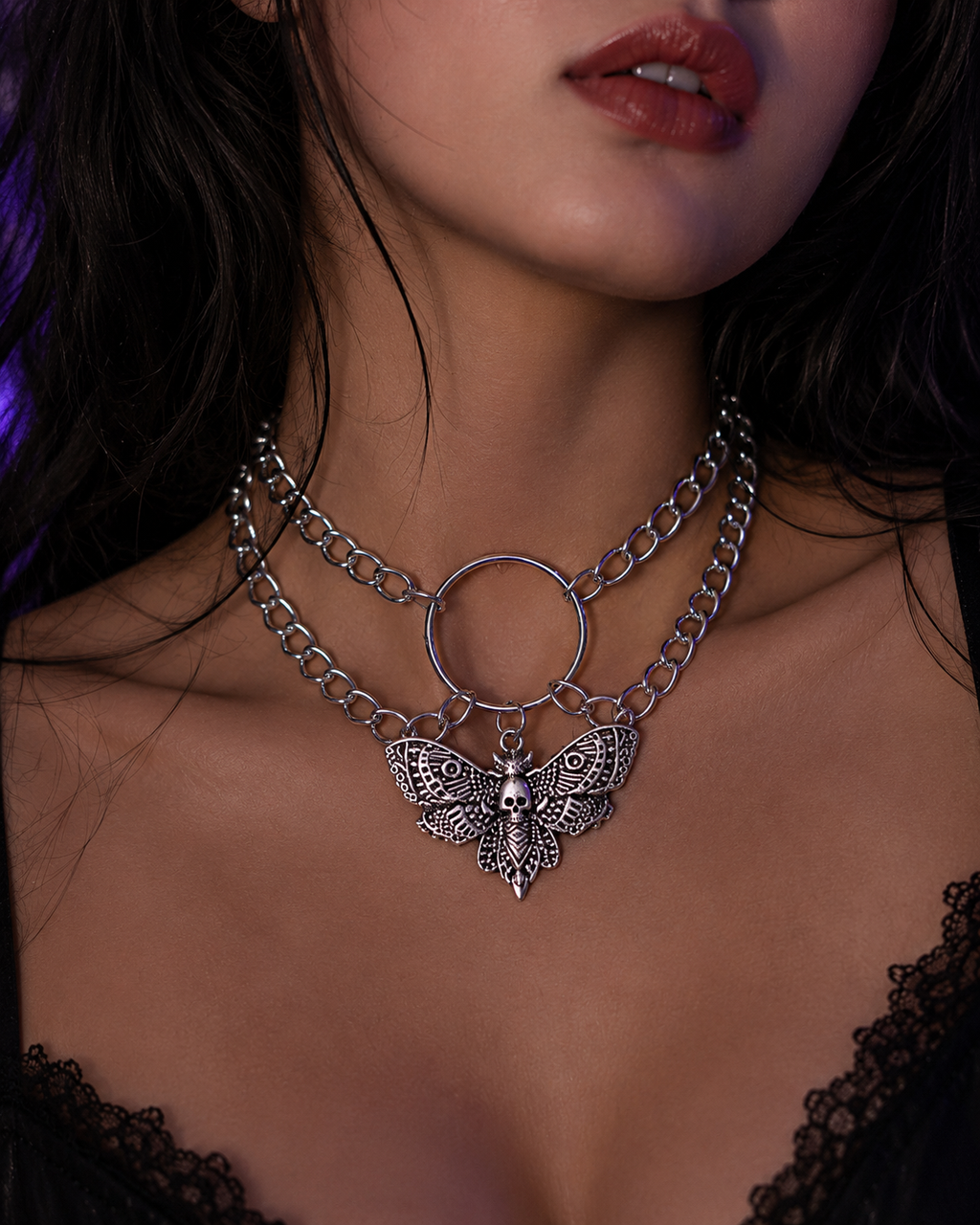 Skull And Moth Pendant Necklace