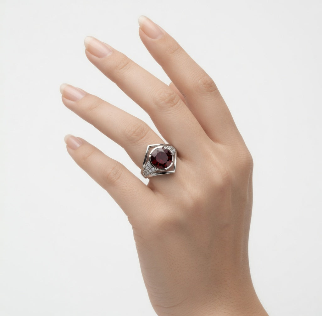 Elegant Oval Red Garnet Geometric Ring