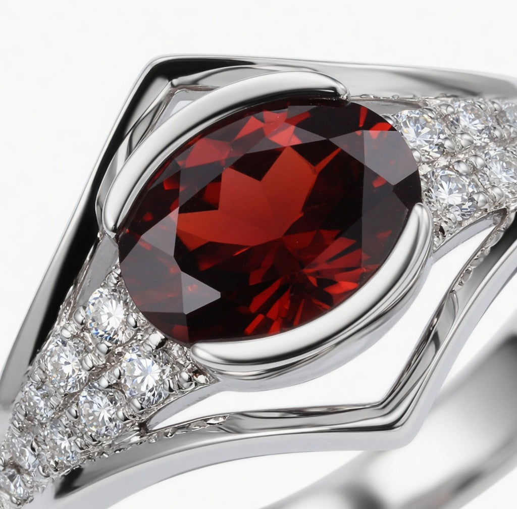 Elegant Oval Red Garnet Geometric Ring
