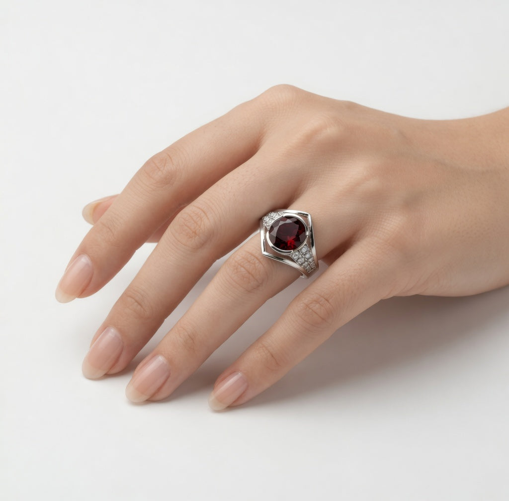 Elegant Oval Red Garnet Geometric Ring