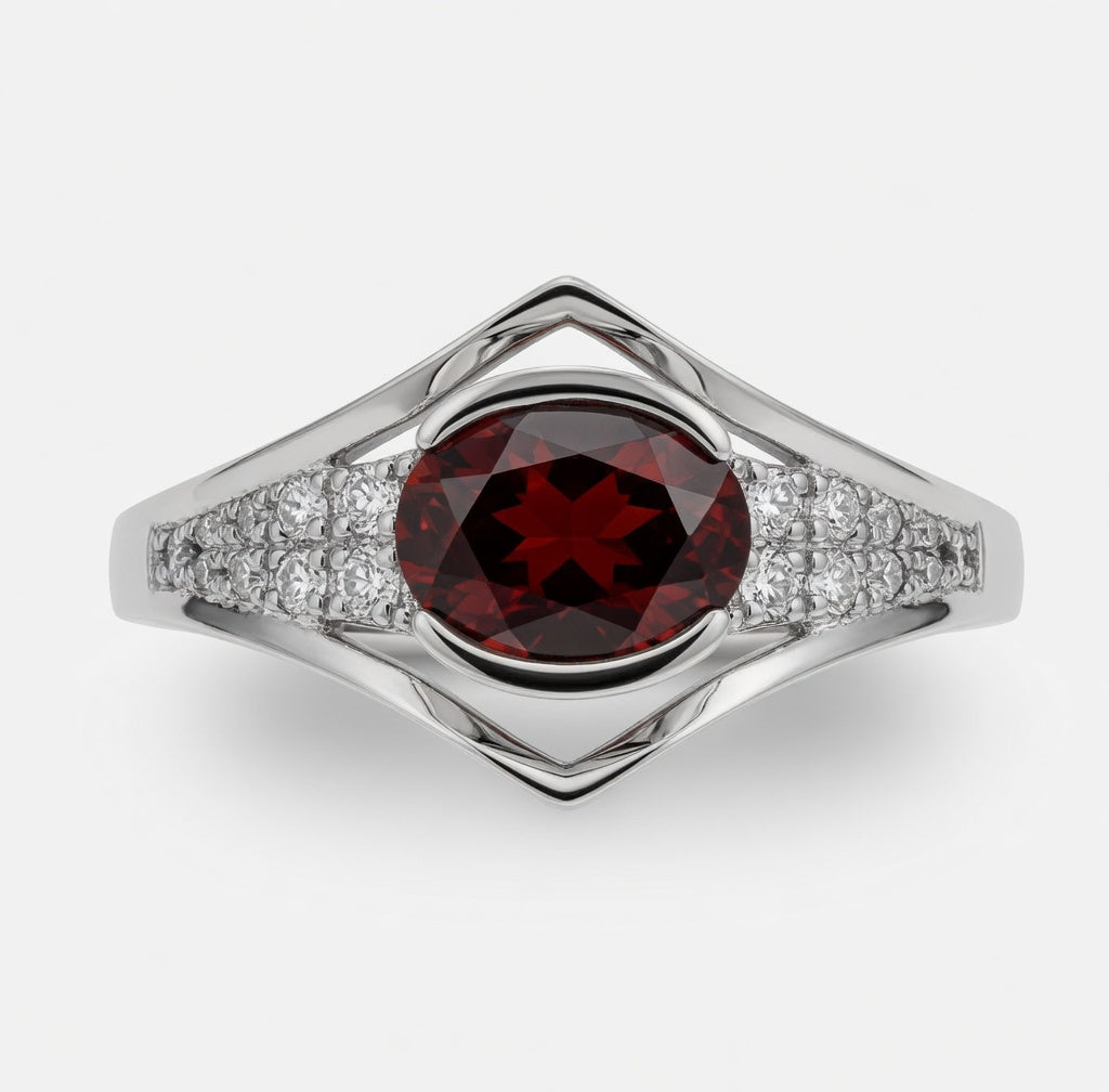 Elegant Oval Red Garnet Geometric Ring